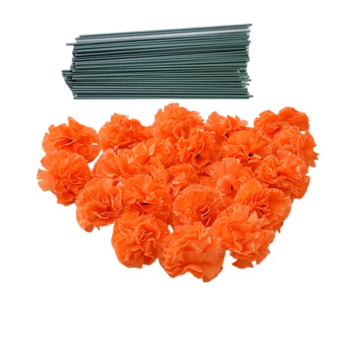 50 künstliche Seiden-Nelken-Blütenköpfe mit Stielen, Vasenfüller, Ringelblumen-Blütenköpfe für Diwali, Heimdekoration, Kuchendekoration, 5.1 cm Blütenblätterköpfe mit 20.3 cm Stielen (orange) von Rikyo