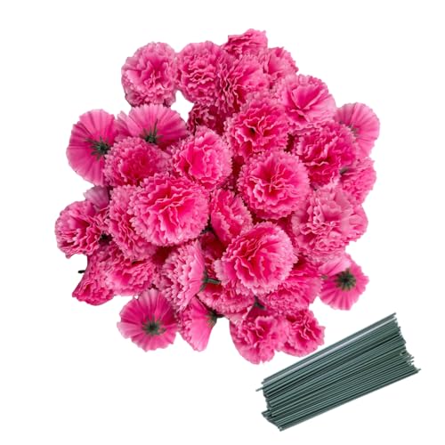 50 künstliche Seiden-Nelkenköpfe mit Stielen, Vasenfüller, Ringelblumenköpfe für Diwali-Dekoration, Kranzgirlande, Kuchendekoration, 5,1 cm Blütenköpfe mit 20,3 cm Stielen (Rosarot) von Rikyo