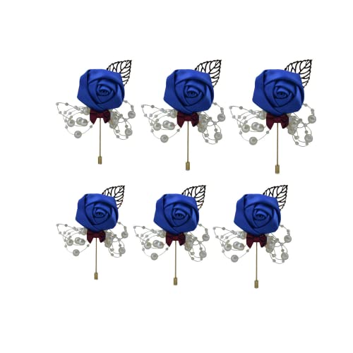 6er-Pack Blumen-Knopflochblumen-Set,Brautpaar Trauzeugen,Ansteckblume 5,1 cm künstliche Rose und weiße Perlen, handgefertigte Seidenblume für Hochzeit,Heimkehr,Abschlussball,Anzugdekora (Königsblau) von Rikyo