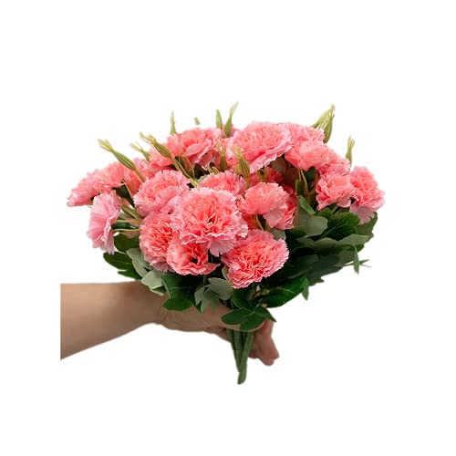 Rikyo 4-Bündel rosa Blumenstrauß aus künstlichen Seidennelken Nelkenblüten 30 cm, Blumenstrauß und grüne Blätter, für Zuhause, Party, Braut, Hochzeit, Festdekoration, mit 10 Stück pro Strauß von Rikyo