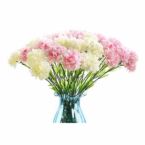 Rikyo 10 Blumenstrauß aus künstlichen Seidennelken, einzelner Blütenkopf, 50,8 cm, Blumenstrauß und grünes Blatt für Heimdekoration, Brautschmuck, Hochzeit, Blumendekoration (weiß + pink) von Rikyo