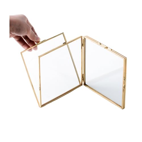 Goldfarbener doppelt faltbarer Bilderrahmen mit Glasfront, Ornament-Pflanzen-Proben-Clip, doppelter Display-Halter, vertikaler schwebender Rahmen, 7,6 x 10,2 cm oder 12,7 x 8,9 cm von Rikyo