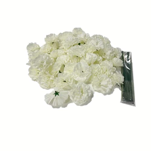 Rikyo Künstliche Nelkenköpfe aus Seide, mit Stielen für Hochzeit, Heimdekoration, Events, Partys, Kränze für Handgelenk, Blumenarrangement, 5 cm Nelkenköpfe mit 20 cm Stielen (weiß) von Rikyo