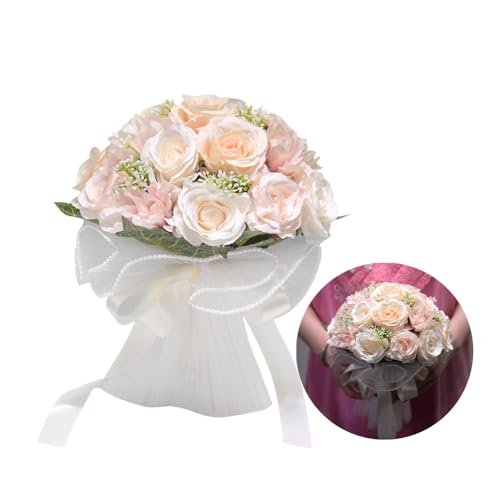 Künstlicher Rosenstrauß mit Gaze, Hochzeitssträuße für die Braut, 18 Blütenköpfe, Brautsträuße für Brautpartys, Dekorationen, Zeremonien, Jubiläen, Heimkehr (Hellrosa und Weiß) von Rikyo