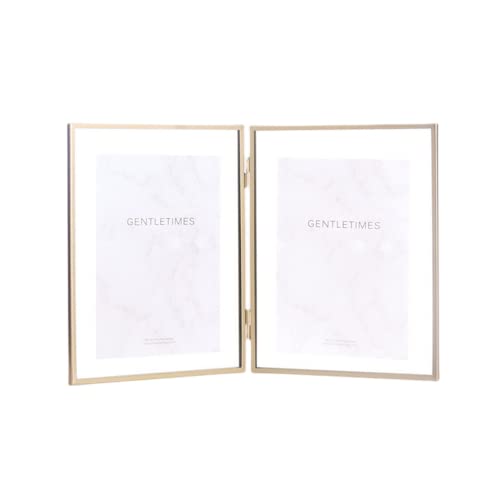 Rikyo Goldfarbener doppelt faltbarer Bilderrahmen,aufklappbarer Bilderrahmen mit Glasfront,Ornament-Pflanzen-Proben-Clip,doppelter Display-Halter,vertikaler schwebender Rahmen,10x15 oder13x18 cm von Rikyo