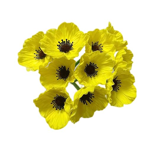 Rikyo Künstliche Mohnblumen, 10 Stiel, 30 cm kein Verblassen, Mehrfarbig, PU, künstliche Wildblumen für Küche, Tisch, Tafelaufsatz, Vase, Zuhause, Grün, Hochzeit, Hintergrund, Bogen, Wand (gelb) von Rikyo