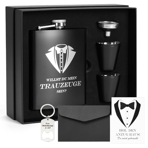 Flachmann mit Gravur 8oz Edelstahl Geschenkset für Trauzeuge und Trauzeugin, Schwarze Geschenkbox mit 4 Bechern und Trichter, Personalisiertes Hochzeitsgeschenk für Männer und Frauen von Rilcn