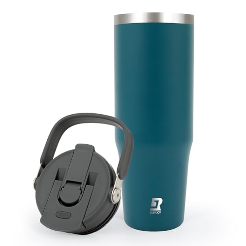 Riley Joy 2.0 Trinkflasche Edelstahl 1L Thermobecher mit Strohhalm und Henkel - Spülmaschinenfest - Auslaufsicherer Kaffeebecher to Go - Blau von Riley Joy