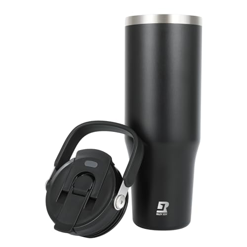 Riley Joy 2.0 Trinkflasche Edelstahl 1L Thermobecher mit Strohhalm und Henkel - Spülmaschinenfest - Auslaufsicherer Kaffeebecher to Go - Schwarz von Riley Joy
