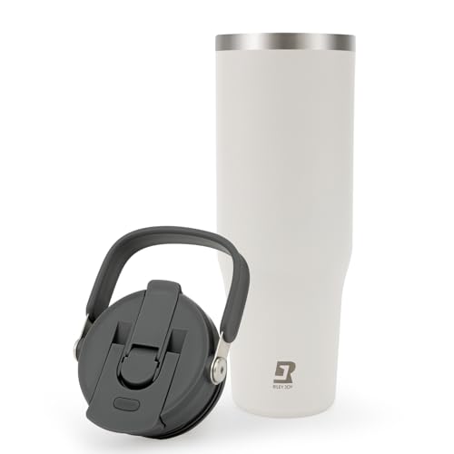 Riley Joy 2.0 Trinkflasche Edelstahl 1L Thermobecher mit Strohhalm und Henkel - Spülmaschinenfest - Auslaufsicherer Kaffeebecher to Go - Weiß von Riley Joy