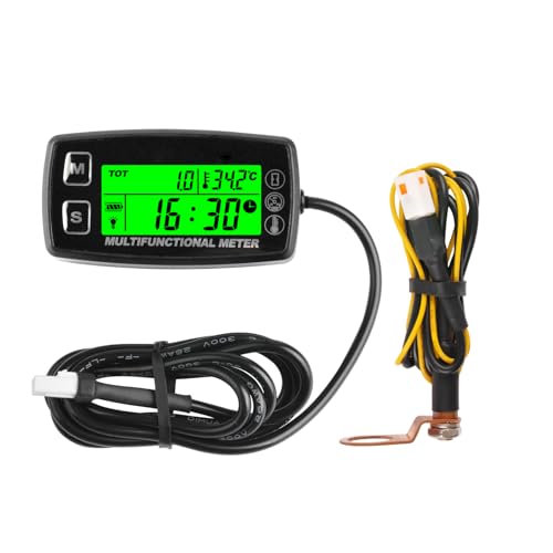 RileyFine Digital Tach Betriebsstundenzähler, Motortemperaturanzeige, Alarmdrehzahl & Temperatur & SVC, austauschbare Batterie, verwendet auf Rasenmäher Traktor Mini Fahrrad Motorrad (TS002-1) von RileyFine