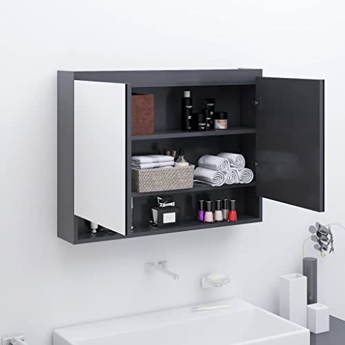 Rillbus Bad Spiegelschrank mit Ablagen und Türen, Spiegel Hängeschrank Badregal Wandschrank Badmöbel Schrank, MDF Glas 80x15x60cm Grau von Rillbus