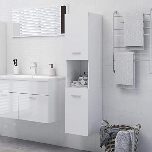 Rillbus Badezimmerschrank hängend mit offenen Ablage und 2 Türen, Wandschrank Hängeschrank Badregal Badmöbel Schrank, Spanplatte 30x30x130cm Hochglanz-Weiß von Rillbus
