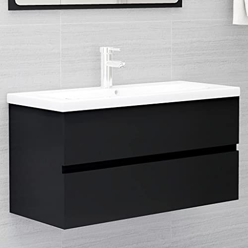 Rillbus Waschbeckenunterschrank 2-TLG. Badezimmer Unterschrank mit Einbaubecken, Waschtischunterschrank Badezimmerschrank mit Waschbecken, Spanplatte 90x38,5x45cm Schwarz von Rillbus