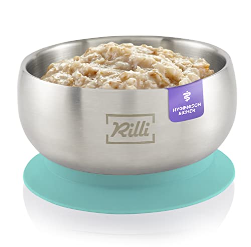 Rilli Saugnapf Schüssel | Obst- oder Breischale Baby | Edelstahl Schüssel mit Silikon Deckel | rutschfestes Baby Geschirr | Baby Saugnapf Geschirr (mint) von Rilli