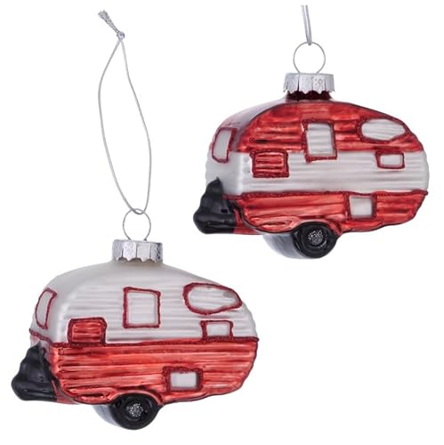 2 STK Christbaumschmuck Wohnanhänger Weihnachtskugel b733 Wohnwagen Glas rot Silber Glaskugeln Camping Weihnachtsdeko Wohnwagenhänger 8x7cm Deko Campingfans von RiloStore