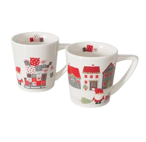 2 STK Kaffeetassen 300ml Tassen Porzellan rot weiss Häuser Nikolaus Wichtel Kaffeebecher Tasse Dekohäuser grau weiss b056 Weihnachtsmotiv Weihnachtstassen von RiloStore