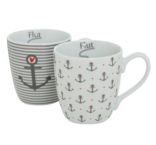 2 STK Kaffeetassen Anker b978 ANKERLIEBE 330ml Porzellan Ebbe und Flut Deko Anker Tassen Becher maritim Streifen Kaffeepott Teepott Herzen weiss grau von RiloStore
