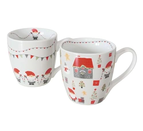 2 Stk JUMBO Kaffeetassen WICHTEL 480ml PORZELLAN weiss rot Tassen Kaffeebecher Herbst Zwerge Girlande Becher Jumbobecher b8053 Teetassen Jumbopott von RiloStore