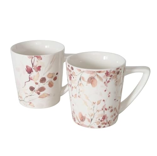 2er SET Kaffeetassen Herbstlaub b057 floral Blumen braun weiss grau rosa creme Herzen Tassen Kaffeebecher 300ml Teetassen Kaffee Tassen Geschenkset Landhaus Blumengarten Indian Summer von RiloStore