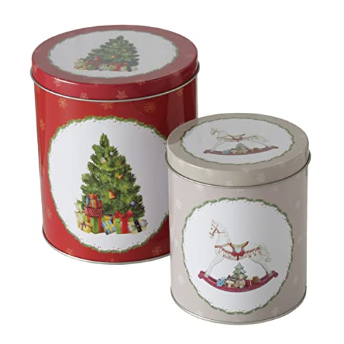 2er SET Keksdose SCHAUKELPFERD TANNENBAUM Weihnachten Metalldosen rund XL weiss rot n419 Weihnachten Keksdosen Vorratsdose xmas Plätzchendosen Vorratsbehälter von RiloStore