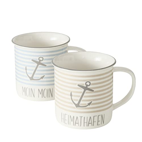 2er Set Kaffeetasse Porzellan Moin Moin + Heimathafen Anker creme blau grau maritim Geschenkset n489 Kaffeebecher Tassen 320ml von RiloStore