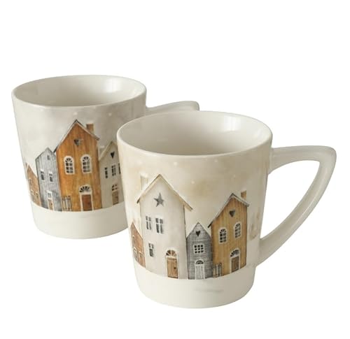 2er Set Kaffeetassen Häuser 300ml Porzellan b730 Tassen Design Weiss orange weiss Tassen Kaffeebecher Herbst winter Becher Jumbobecher Haus von RiloStore