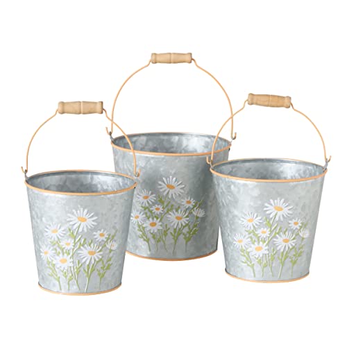 3 STK Eimer Daisy Silber Margeriten Blümchen Pflanztopf Set Floral Design Zinkeimer Dekoeimer Metalleimer Frühling Ostern Sommer Holzgriff Sandeimer Pflanztöpfe von RiloStore