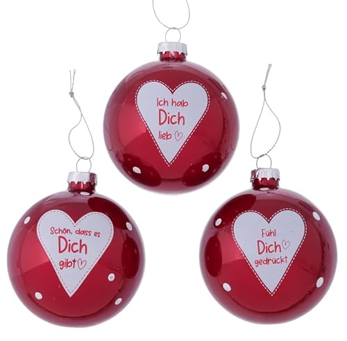 3 STK Weihnachtskugeln Sprüche b627 - Ich hab Dich lieb - Schön, DASS es Dich gibt - Fühl Dich gedrückt - 8cm Glas Christbaumkugeln Christbaumschmuck Kugeln rot weisss gepunktet von RiloStore