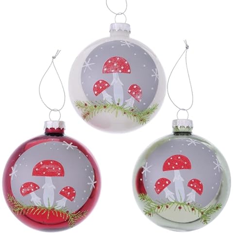3 STK große Glas Weihnachtskugeln mit Fliegenpilzen n440 Christbaumschmuck Weiss rot Silber Farben 8cm Glaskugeln Christbaumkugeln Weihnachtsdeko Hänger Kugelset Pilze Fliegenpilz von RiloStore