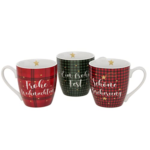 3er Set Kaffeetassen Jumbo 480ml Porzellan Tassen Spülmaschinengeeignet n704 Karo grün rot Frohe Weihnachten Schönes Geschenkset Frohes Fest Weihnachtstassen kariert Glühwein Becher Pott von RiloStore
