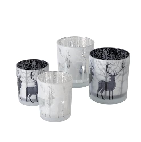 4 STK Windlichter n654 Hirsche Elche XL schwarz Weiss Windlicht Kerzenhalter Teelichthalter Weihnachtsdeko Tischdeko Herbstdeko Winterdeko Hirsch schwarz Alpen Winterwald Bäume von RiloStore