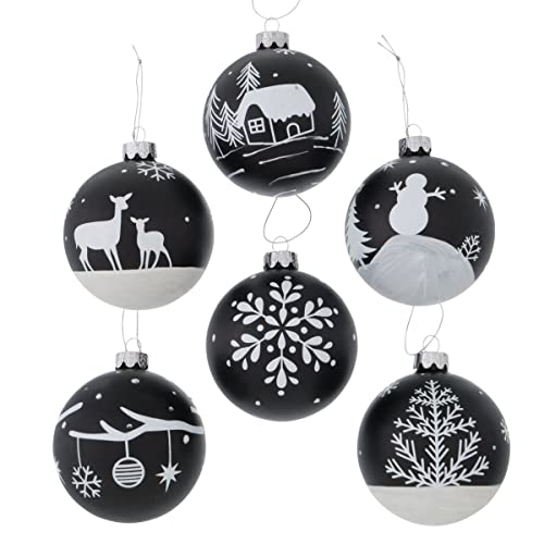 6 STK Weihnachtskugeln Glas schwarz Weiss n471 Schneeflocke Schneemann Haus Rehe Bäume Wald Winter Glaskugeln Weihnachtsdeko Christbaumkugeln Baumschmuck Hänger Kugelset Herz Stern Baum Bedruckung von RiloStore