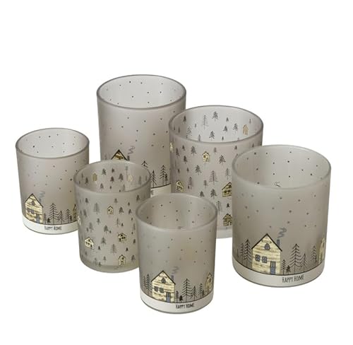 6 STK Windlichter Glas Häuser Homewood Winterdeko Weihnachtsdeko b248 Haus Happy Home Teelichthalter Kerzenhalter Weihnachtswichtel braun grau matt Winter H10cm und 8cm von RiloStore