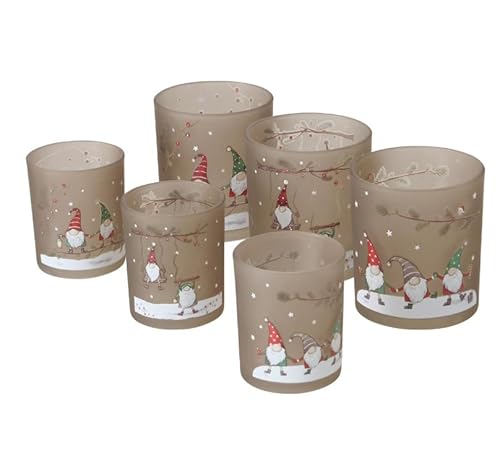 6 STK Windlichter Glas Wichtel Nikolaus Winterdeko Weihnachtsdeko b7823 Teelichthalter Kerzenhalter Weihnachtswichtel braun grau matt Winter Weihnachten H10cm und 8cm von RiloStore