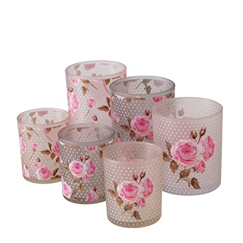 6 STK Windlichter Rosen Rosalie n399 Blüten Rose Blumen Grau Taupe Weiss rosa Kerzenhalter Glas matt Gräser H8cm und H10cm Blumen Blüten Liebe Geschenk Frühlingsdeko von RiloStore