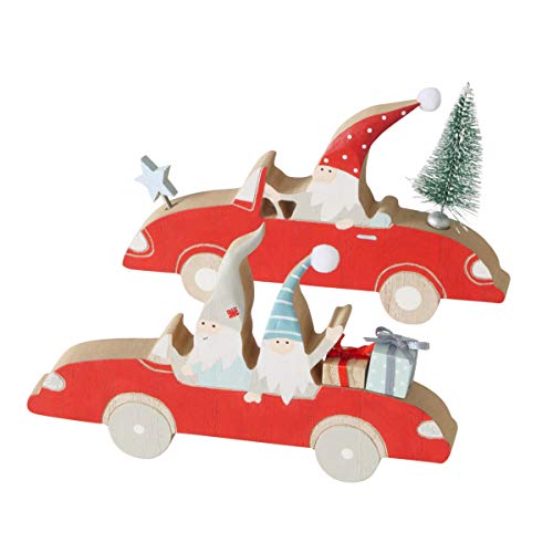 RiloStore 2er Set Aufsteller aus Holz 12x22cm Auto Weiss rot Natur WICHTELAUTO Holzautos WEIHNACHTSMANN Tischdeko Holzdeko Weihnachten Deko Wichtel Weihnachtsdeko von RiloStore