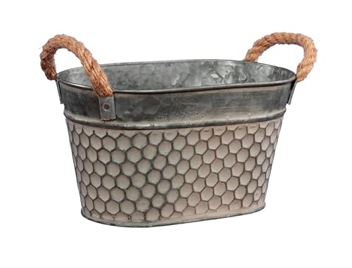 RiloStore 3 STK Pflanzschale Wabe 16x11x10cm Blumentopf Zinktopf o806 grau Bienenwabe Zinkschale oval Seil Griffe Jardiniere Metallschale Gartendeko Pflanzkübel Nostalgie Vintage Zink von RiloStore