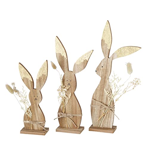 RiloStore 3 TLG. Set Osterhasen Holz Creme braun Gold Farben Gräser Ostern Deko Holzhasen 21-36cm Osterdeko Osterhase Boho Gras Vintage Shabby Chic von RiloStore