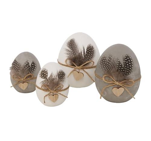 RiloStore 4 STK Ostereier Weiss grau mit Federn Dekoeier zum Stellen aus Beton n528 Ostern Eier Holz Federn Stein Osterschmuck Geschenkset Naturdeko Perlhuhn Wachtel von RiloStore