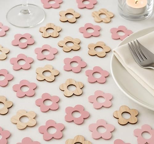 RiloStore 48 STK Holzblumen Rosa Weiss Creme 3cm Holzblüten Tischdeko Partydeko Hochzeitsdeko Shabby Chic Landhaus Blüten aus Holz Blumen Holzblume von RiloStore