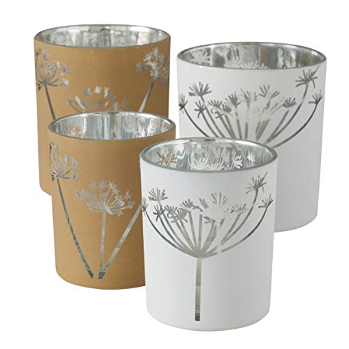 RiloStore 4er Set Windlichter Facia Pusteblume Kerzenhalter Glas Weiss grau Creme beige klar matt Gräser Winter Weihnachten H8cm und H10cm Blumen Pusteblumen Liebe Geschenk von RiloStore