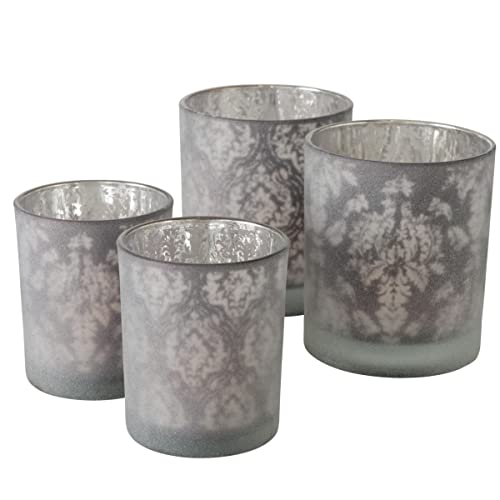 RiloStore 4er Set Windlichter Ornamente Glas grau Weiss blau Streifen Kerzenhalter Vintage Shabby Chic Weihnachtsdeko klar matt Geschenk Höhe 8 & 10cm von RiloStore