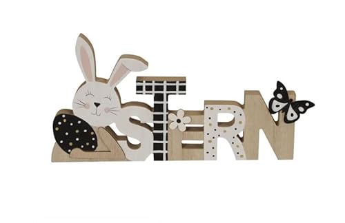 RiloStore Aufsteller Holz Ostern Schriftzug Holzhase und Schmetterling Punkte Osterdeko 30x14cm schwarz Weiss braun n714pos von RiloStore