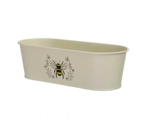 RiloStore Pflanzschale Creme Biene oval Edel 27x11x9cm o840 Metall Jardiniere Gartendeko Übertopf Bienendruck Pflanzkasten Balkonkasten Blumentopf lang Wabe Bienen von RiloStore