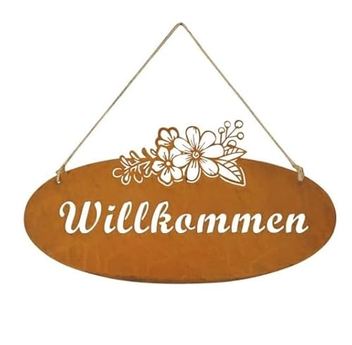 Schild WILLKOMMEN oval psw897 Metall Hänger 29x15cm Türdeko Rost Braun Metallschild Türschmuck Eingangsdeko Rostdeko Rostschild Welcome von RiloStore