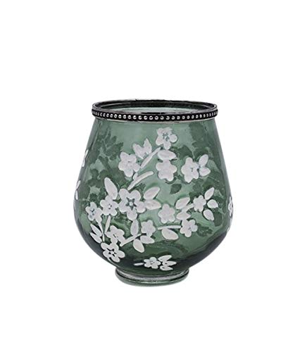 XXL Windlicht Glas dunkelgrün mit Blumen weiß 14cm Boho Sommer Trend Windlichter Kerzenhalter Blümchen Flowers Milefleur von RiloStore