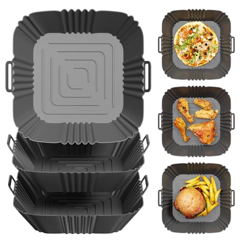 Riloventa 3 Pcs Silikonform für Heißluftfritteuse, Wiederverwendbar Air Fryer Silicone Pot, Silikoneinsatz Rechteckig, Silikon Airfryer Zubehör für Backofen, Mikrowelle Kuchenbackform von Riloventa