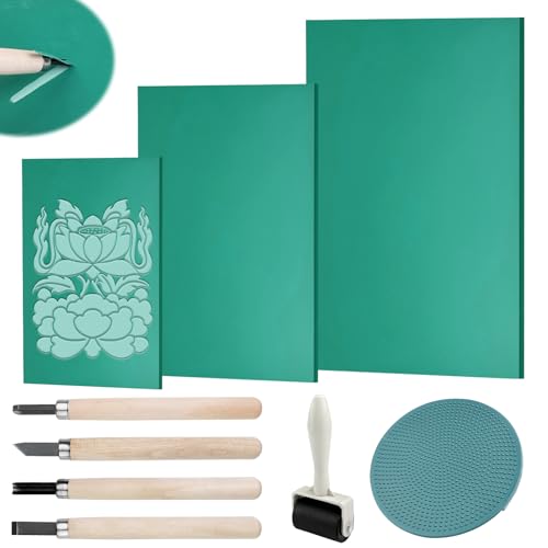 Riloventa 9 Stück Linoldruck Set, Linolschnitt Werkzeug, Linoleum Schnitzset, Linolplatten für Linolschnitt, Linoleum Schnitzwerkzeug, Linoleum Platten Linoldruck Set für Druckgrafiken Bastel DIY von Riloventa
