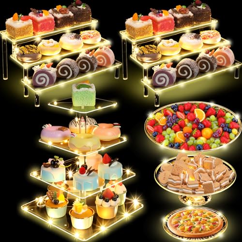 RimCereal 6-teiliges Acryl-Kuchenständer-Set beinhaltet 2 Display-Erhöhungen, Cupcake-Turm und 3 transparente, runde Dessert-Tabletts mit 4 LED-Lichterketten, Kuchen-Tischhalter für Hochzeit von RimCereal